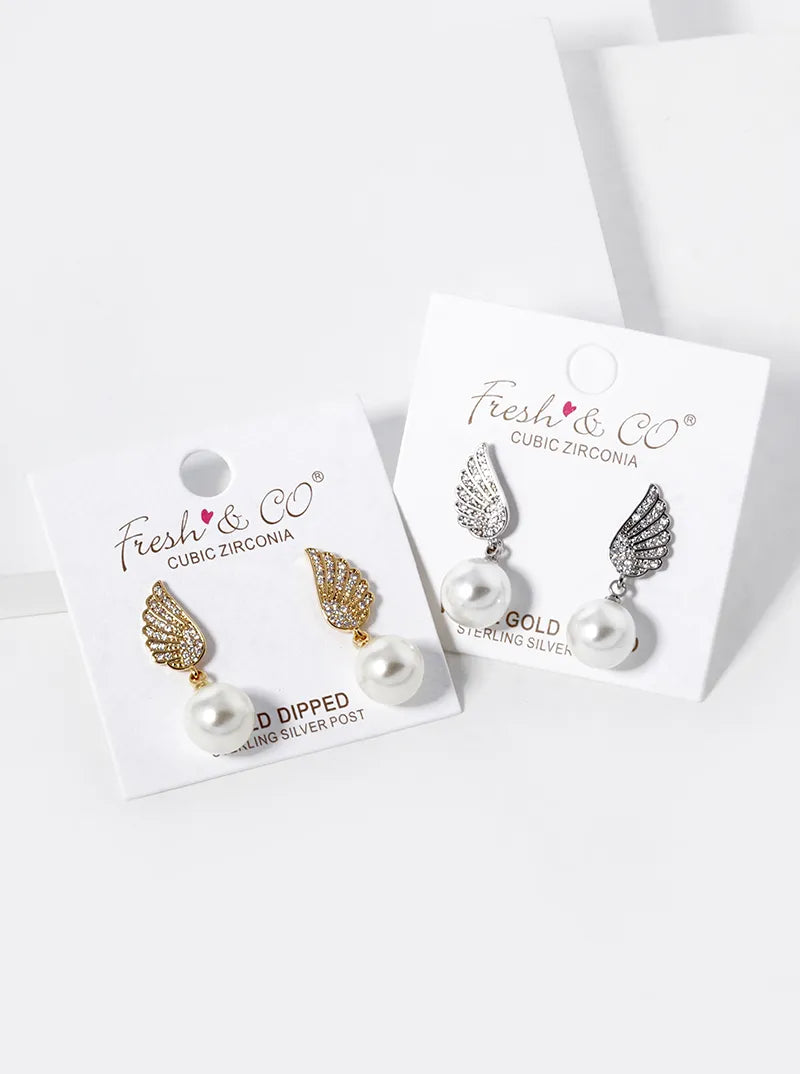 White Gold Dipped 9mm Pearl Bead Drop CZ Pave Angel Wing Post Earrings