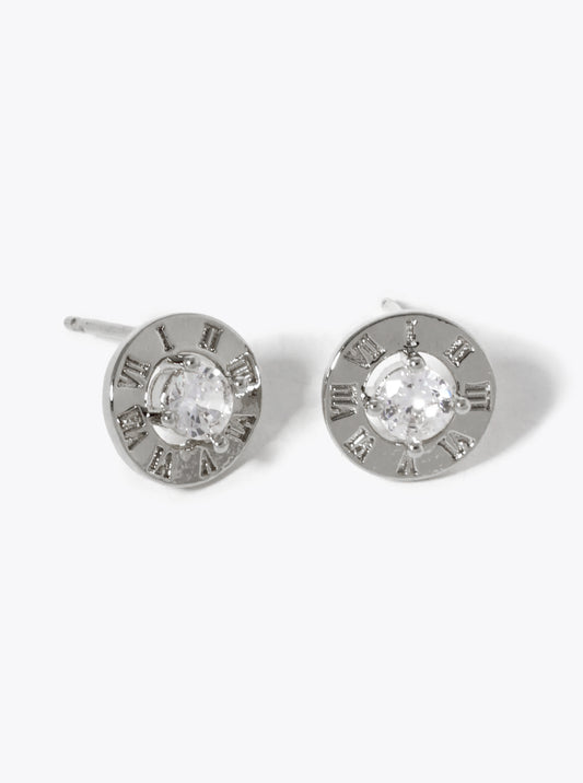 White Gold Dipped 9mm Roman Numerals Engraved CZ Stud Earrings