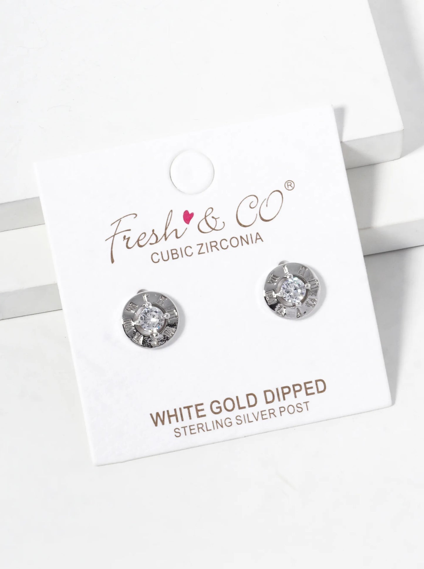 White Gold Dipped 9mm Roman Numerals Engraved CZ Stud Earrings