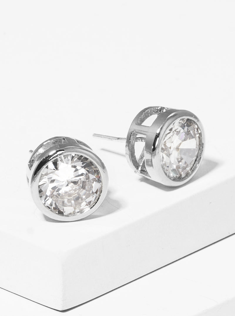 White Gold Dipped 9mm Round Bezel CZ Sterling Silver Post Stud Earrings