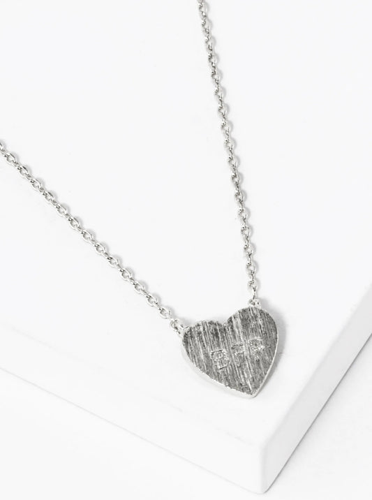 White Gold Dipped BFF Engraved Brushed Metal Heart Pendant Necklace