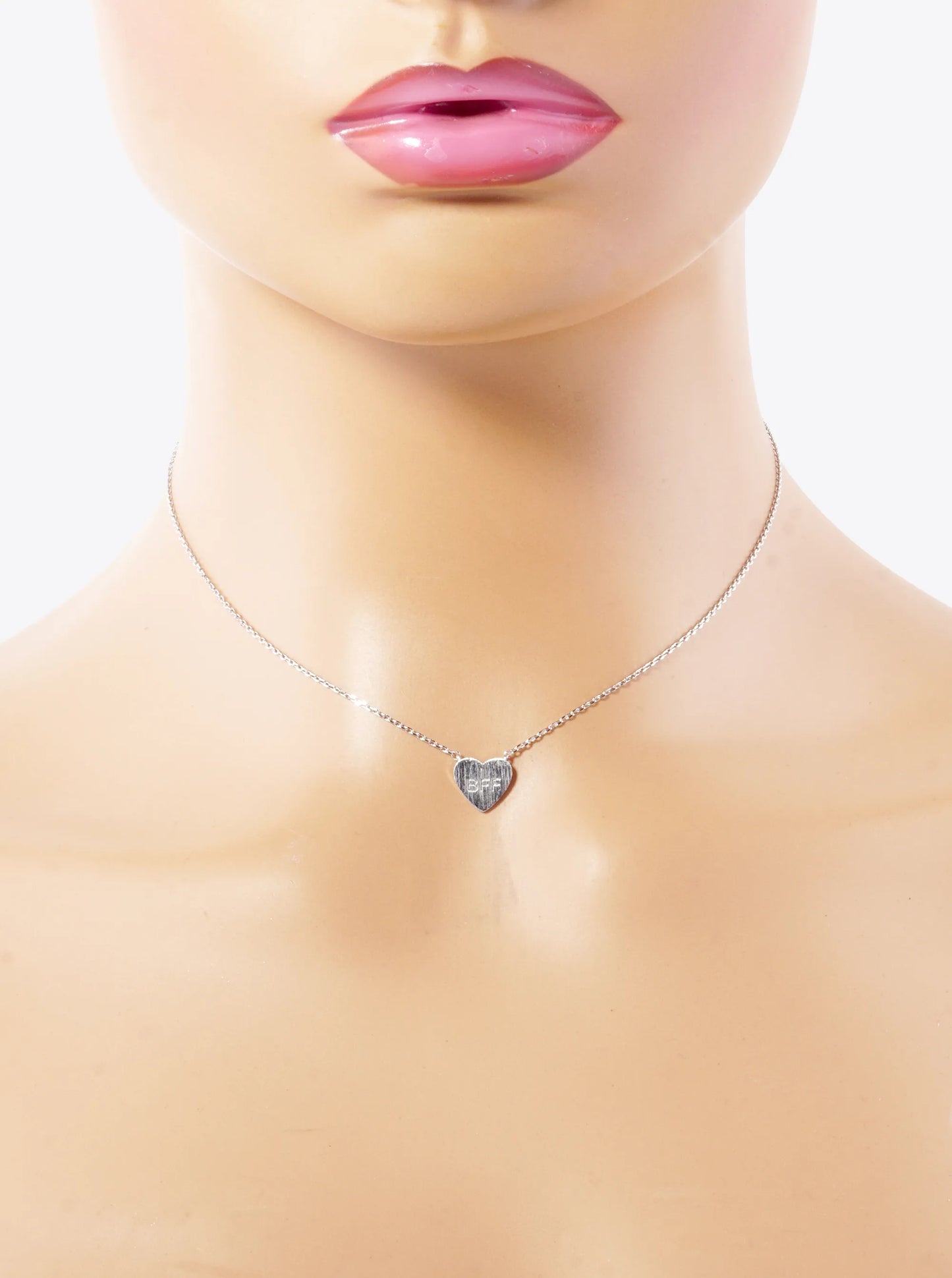 White Gold Dipped BFF Engraved Brushed Metal Heart Pendant Necklace