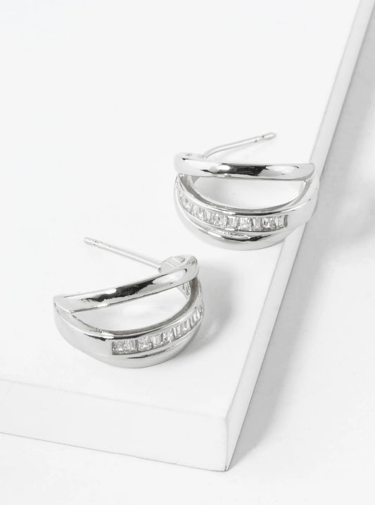 White Gold Dipped Baguette CZ Accents 20mm Claw Hoop Earrings