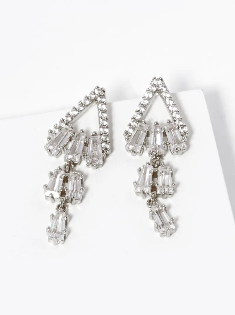 White Gold Dipped Baguette CZ Bar Drop Triangle Post Earrings