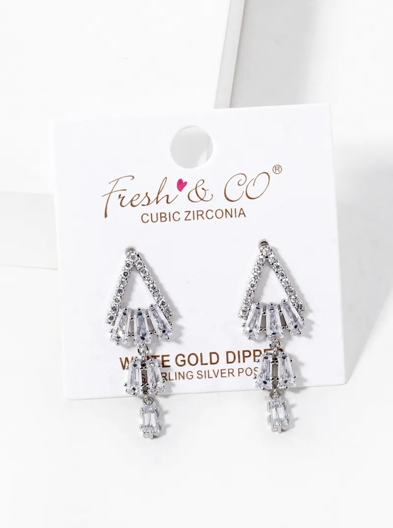 White Gold Dipped Baguette CZ Bar Drop Triangle Post Earrings