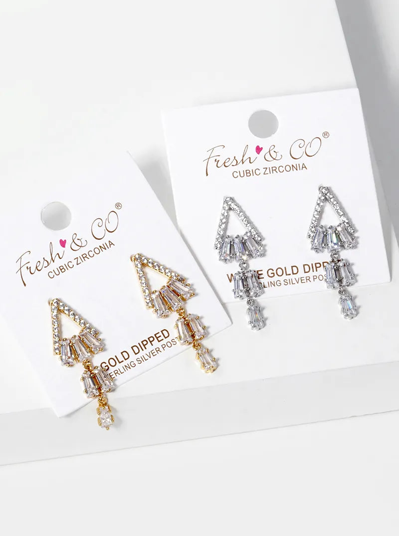 White Gold Dipped Baguette CZ Bar Drop Triangle Post Earrings