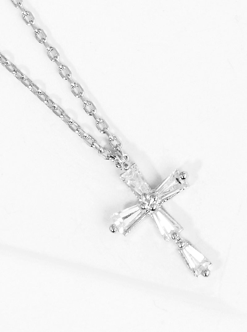 18K Gold Dipped Baguette CZ Cross Pendant Delicate Necklace