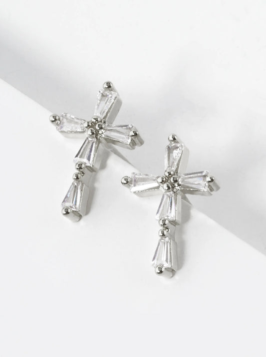 White Gold Dipped Baguette CZ Cross Stud Earrings
