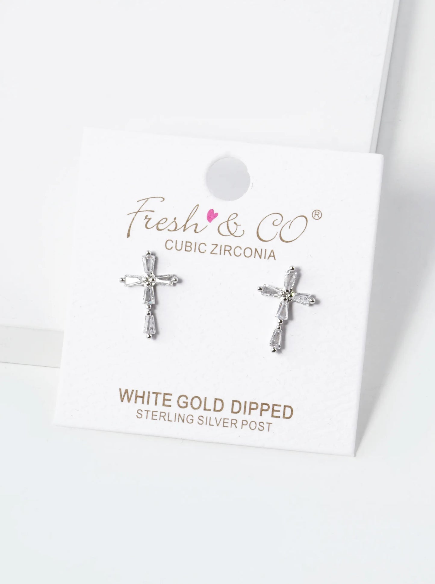 White Gold Dipped Baguette CZ Cross Stud Earrings