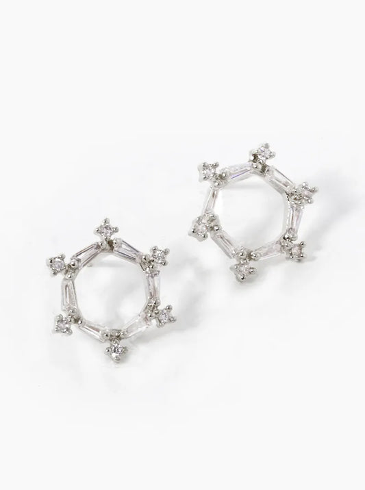 White Gold Dipped Baguette CZ Hexagon Stud Earrings