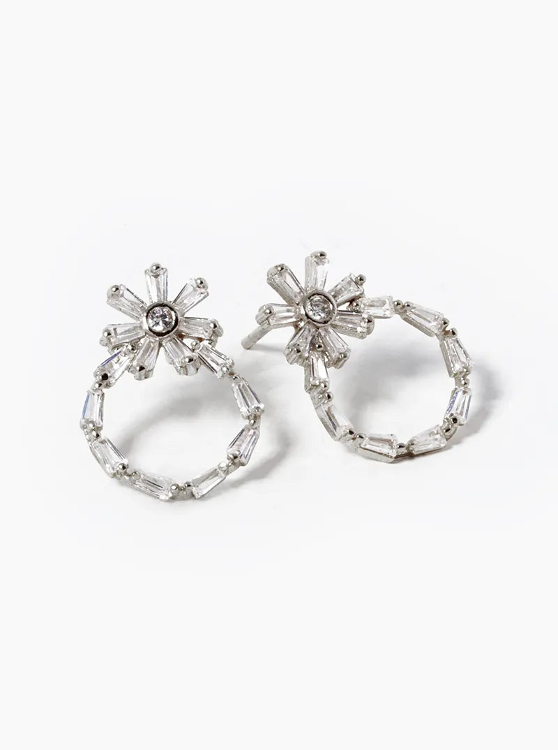 White Gold Dipped Baguette CZ Pave Circle Drop Flower Stud Earrings