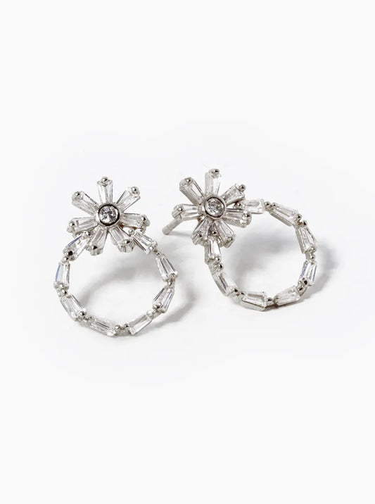 White Gold Dipped Baguette CZ Pave Circle Drop Flower Stud Earrings