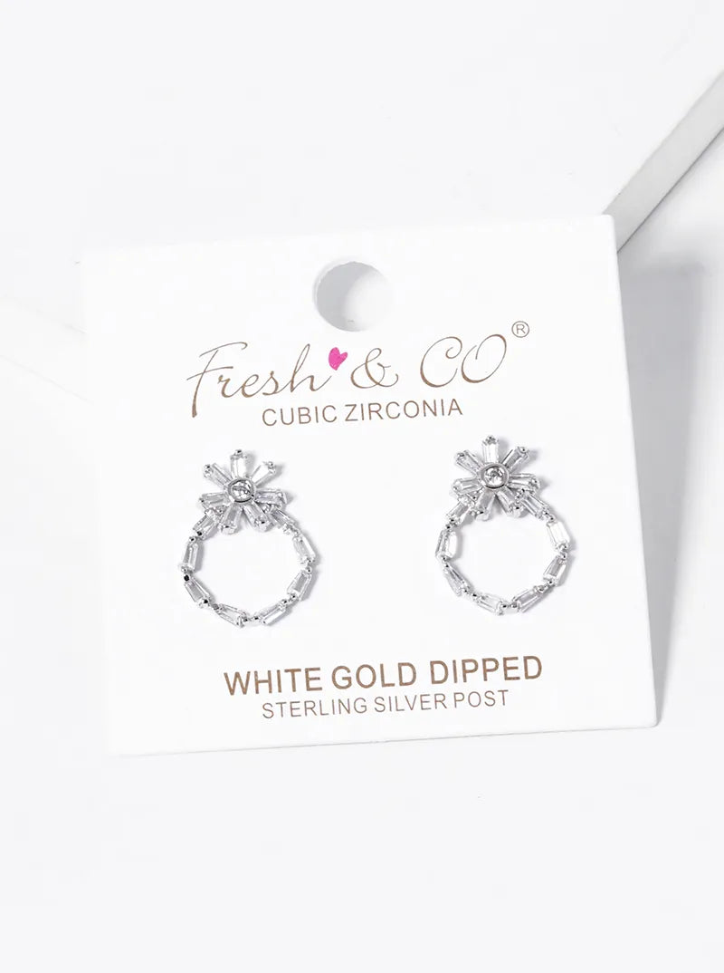 White Gold Dipped Baguette CZ Pave Circle Drop Flower Stud Earrings