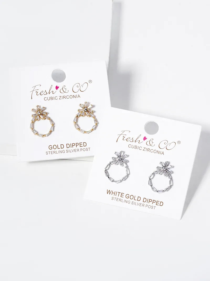 White Gold Dipped Baguette CZ Pave Circle Drop Flower Stud Earrings