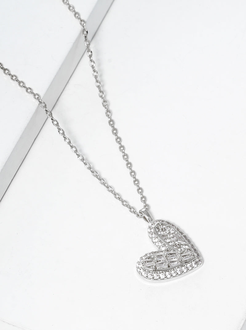 18k Gold Dipped Baguette CZ Pave Sideways Heart Pendant Necklace