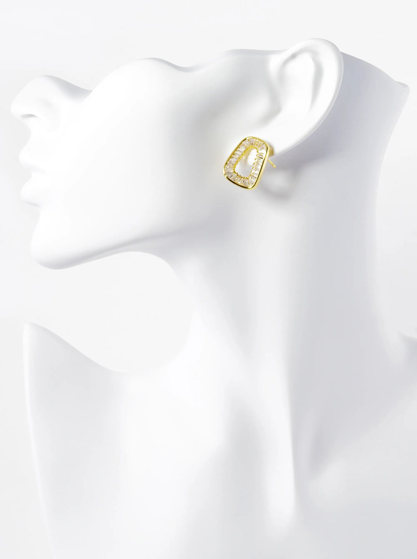 White Gold Dipped Baguette CZ Pave Wavy Rectangle Shape Stud Earrings