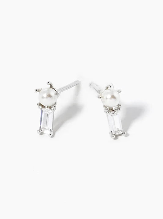 White Gold Dipped Baguette CZ And Pearl Post Stud Earrings