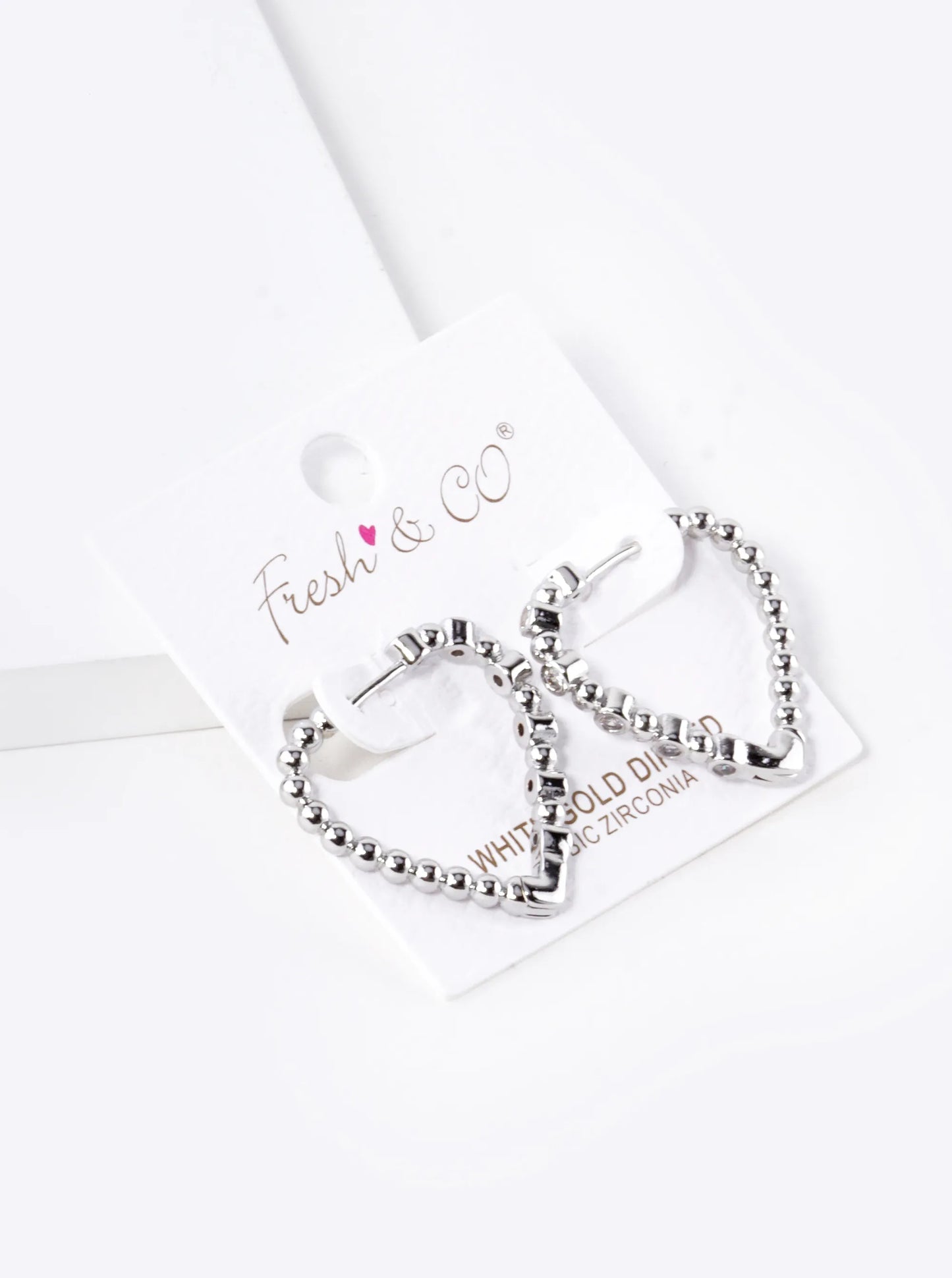 White Gold Dipped Ball Textured CZ Stone 25mm Heart Hoop Earrings