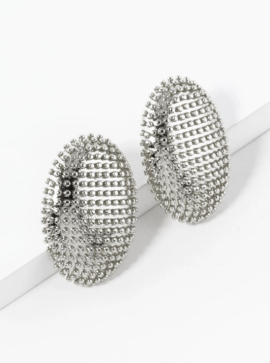 White Gold Dipped Ball Textured Oval Shape Post Stud Earrings