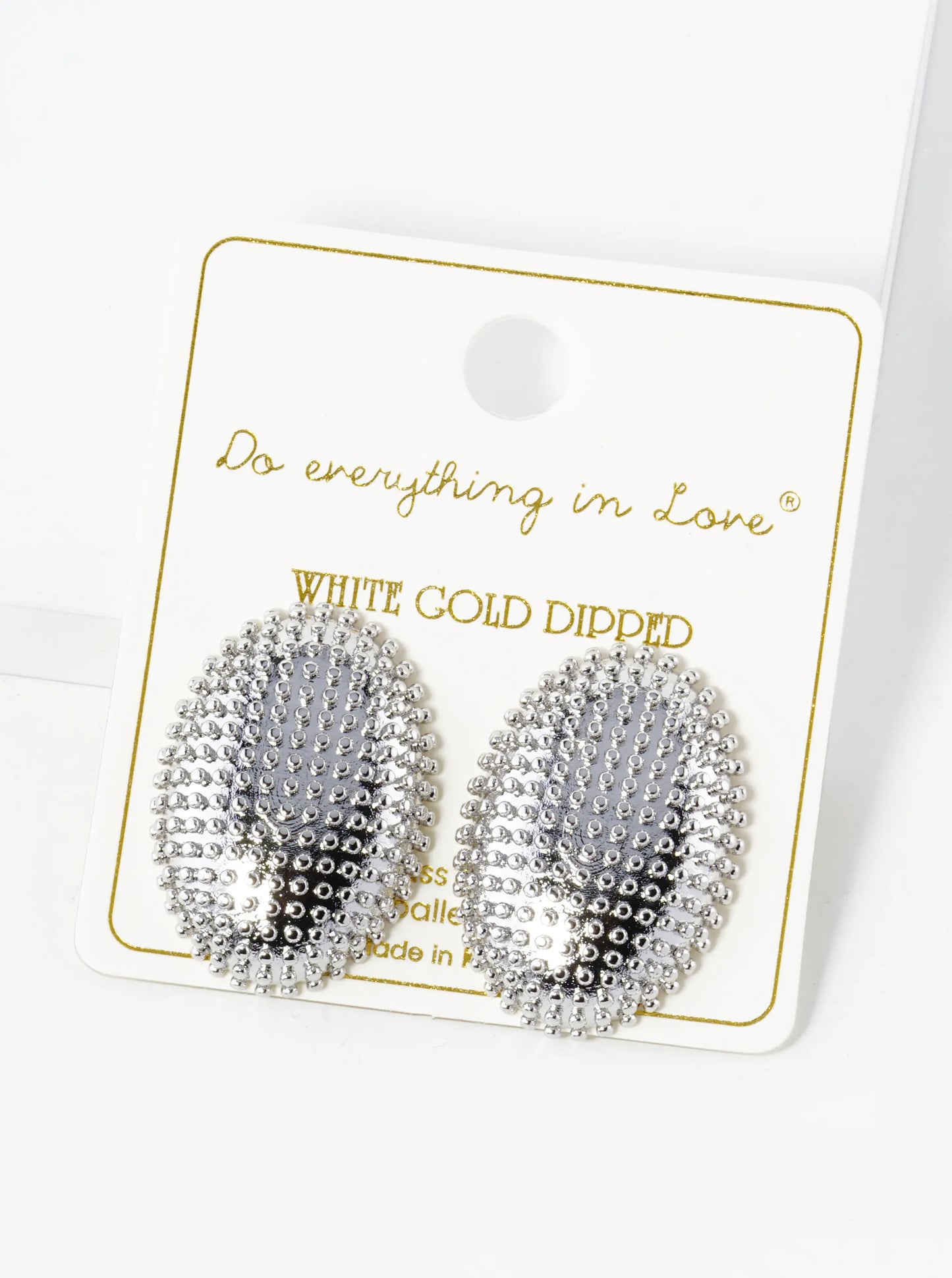 White Gold Dipped Ball Textured Oval Shape Post Stud Earrings