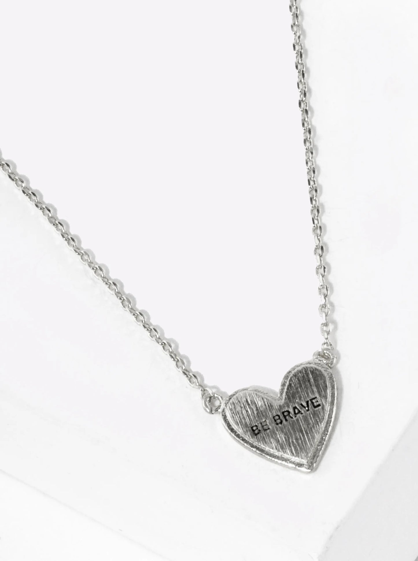 White Gold Dipped Be Brave Engraved 10mm Heart Pendant Necklace