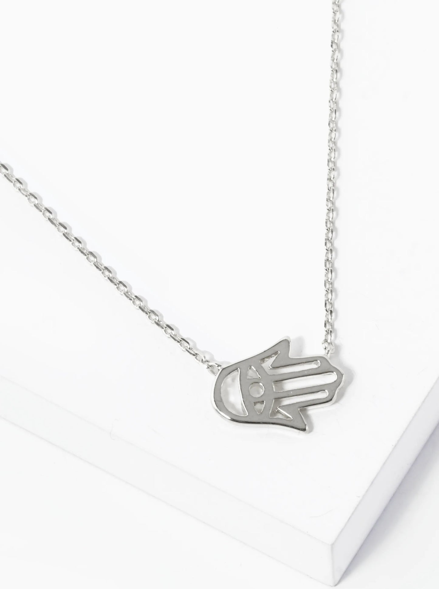 White Gold Dipped Brass Hamsa Pendant Necklace