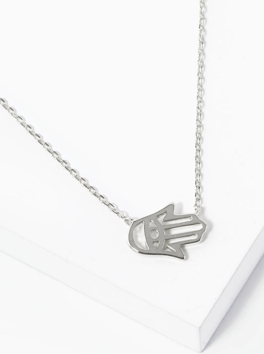 White Gold Dipped Brass Hamsa Pendant Necklace