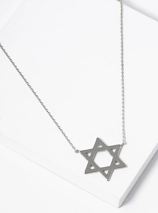White Gold Dipped Brass Star Of David Pendant Necklace