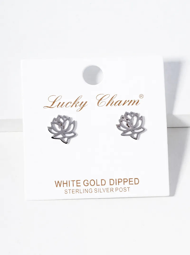 White Gold Dipped Brass Water Lily Post Stud Earrings