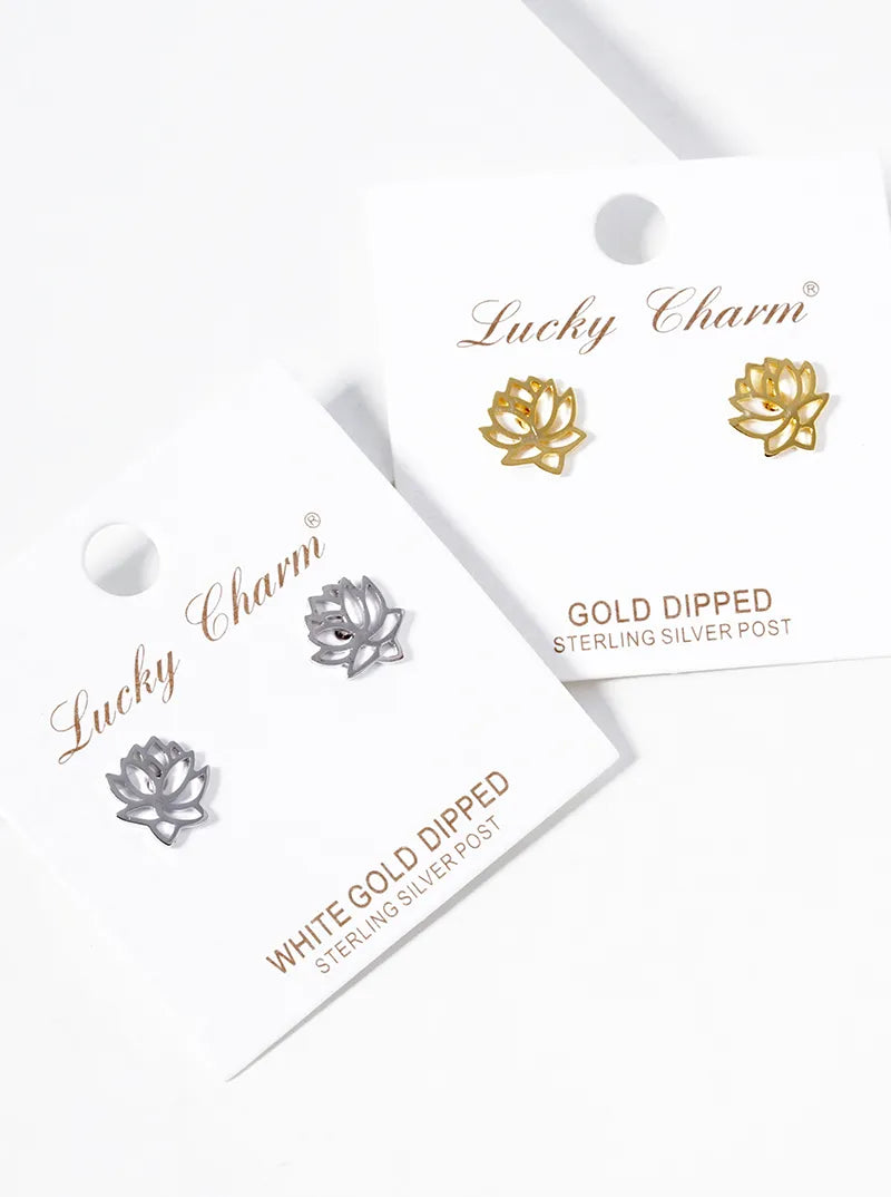 White Gold Dipped Brass Water Lily Post Stud Earrings