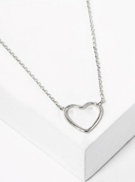 White Gold Dipped Brushed 12mm Wire Heart Pendant Necklace
