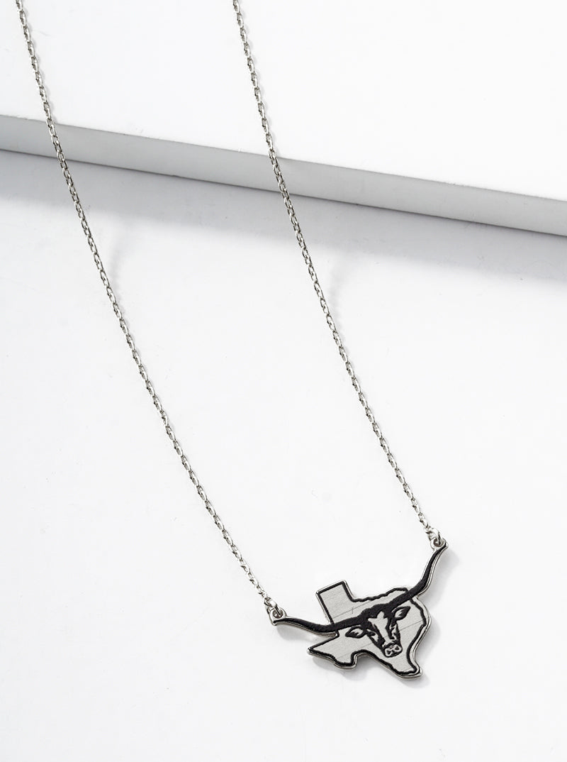 White Gold Dipped Bull Head Texas State Pendant Necklace