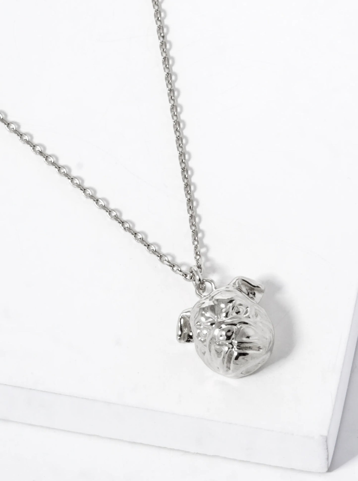 White Gold Dipped Bulldog Face Pendant Necklace