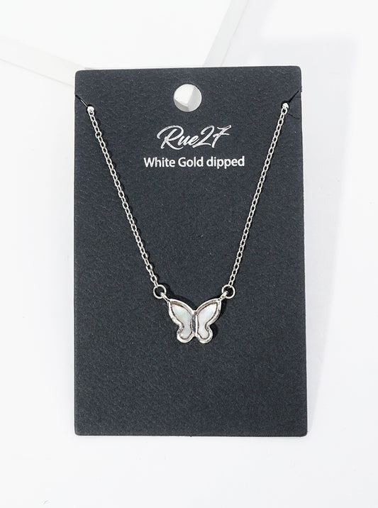 White Gold Dipped Butterfly Mother Of Pearl Pendant Necklace