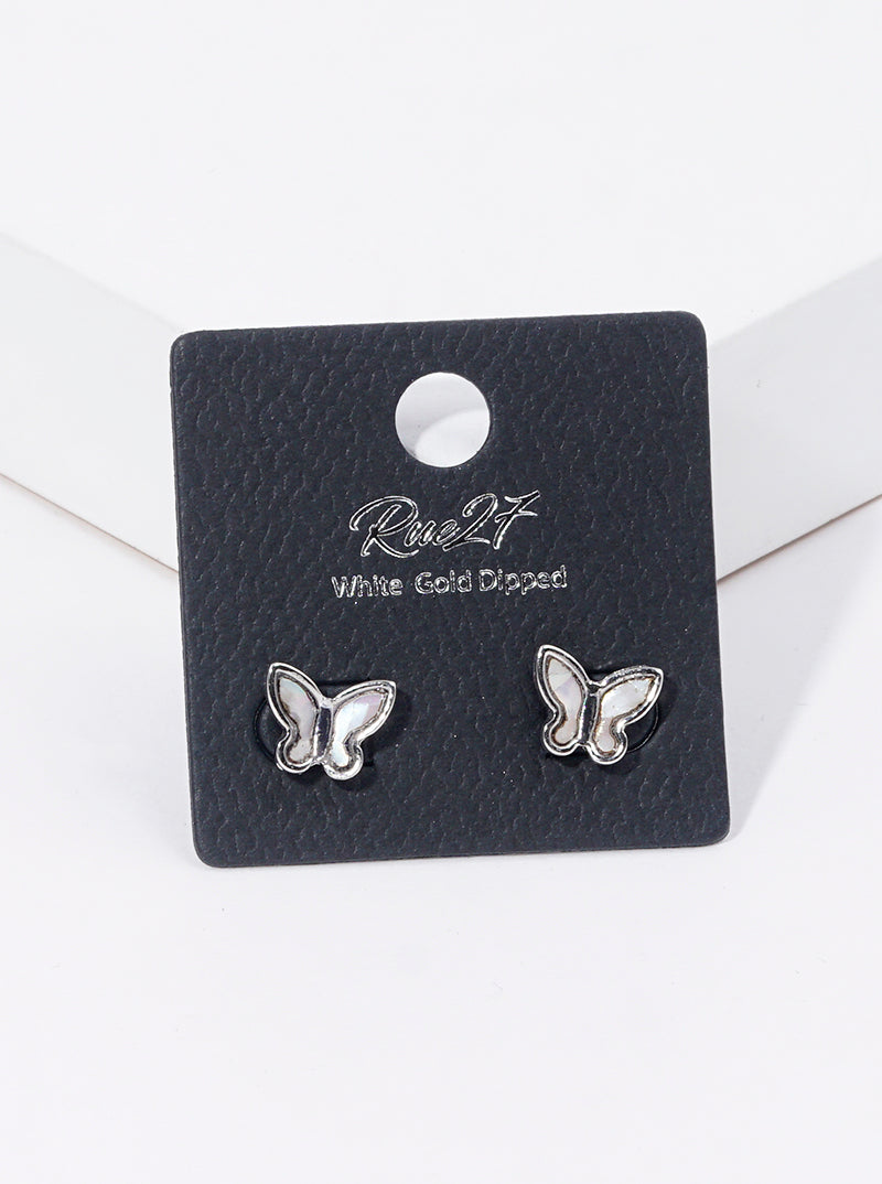 White Gold Dipped Butterfly Mother Of Pearl Stud Earrings