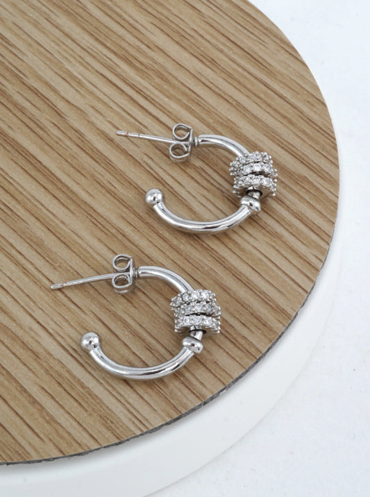 White Gold-Dipped CZ Bead Open Hoop Earrings