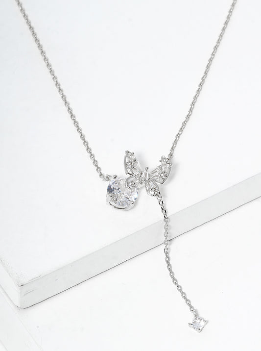White Gold Dipped CZ Pave Ribbon Bow Pendant Necklace