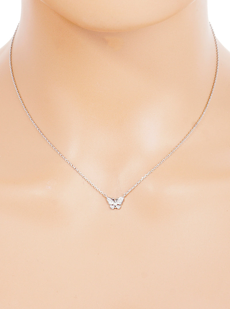 White Gold Dipped CZ Butterfly Pendant Delicate Necklace