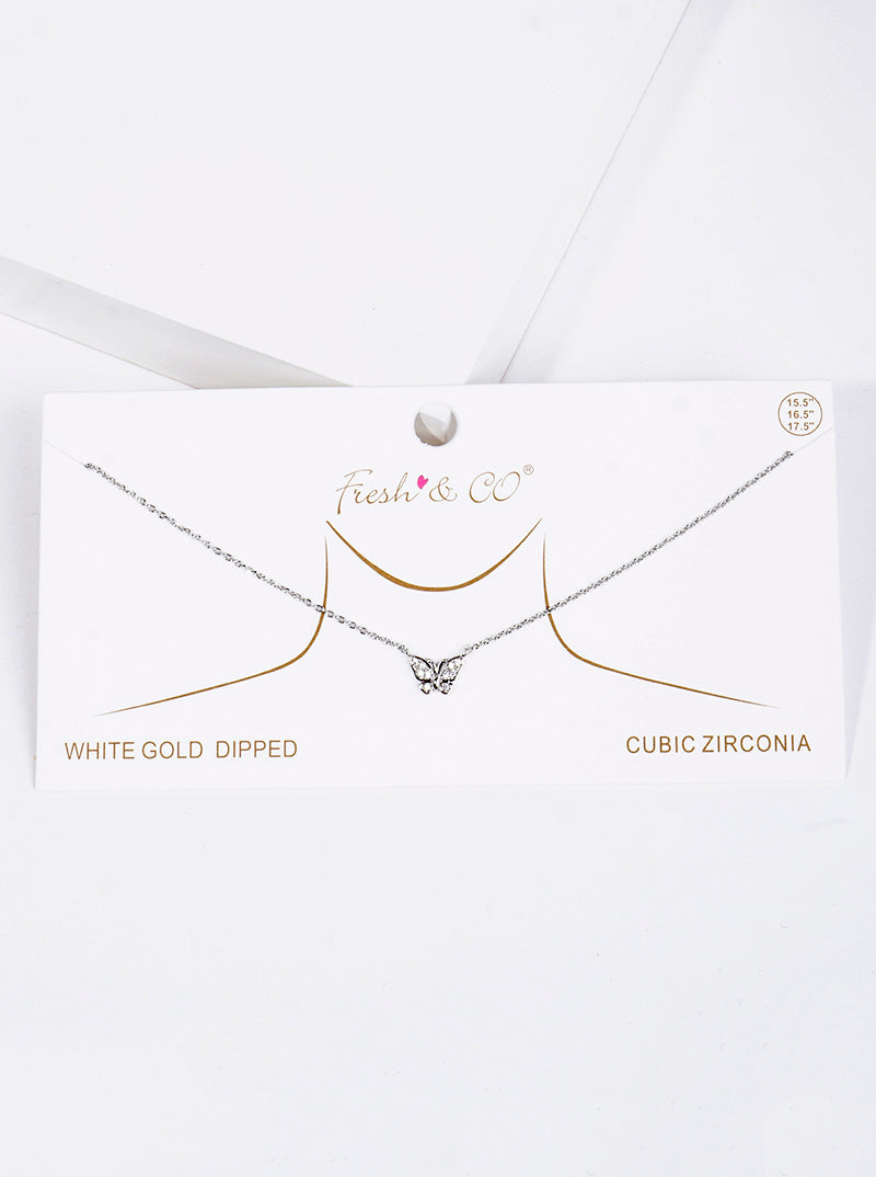 White Gold Dipped CZ Butterfly Pendant Delicate Necklace