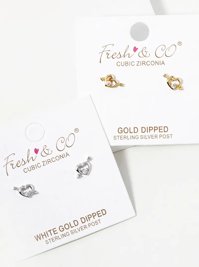 White Gold Dipped CZ Cupids Heart Stud Earrings