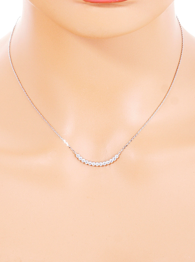 White Gold Dipped CZ Curved Bar Pendant Delicate Necklace