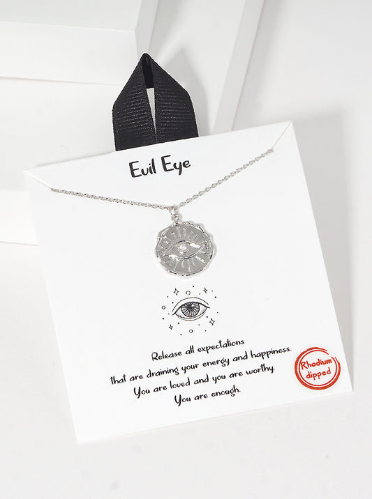 White Gold Dipped CZ Evil Eye Coin Pendant Necklace