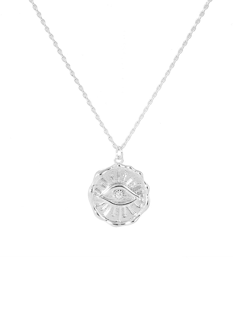 White Gold Dipped CZ Evil Eye Coin Pendant Necklace