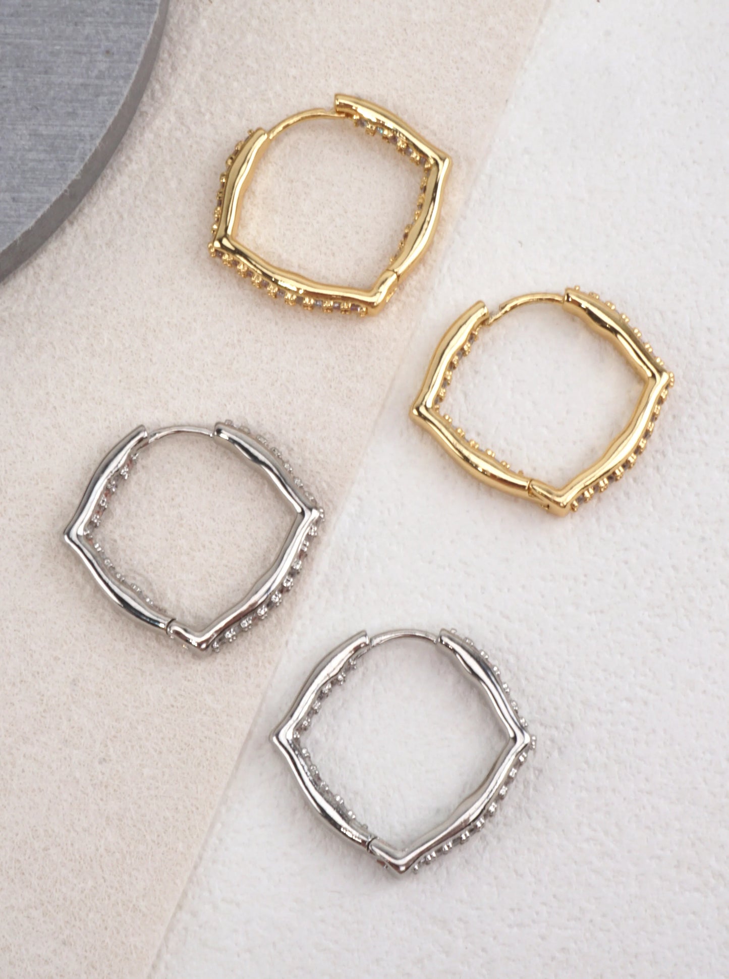 White Gold Dipped CZ Geometric Hoop Earrings
