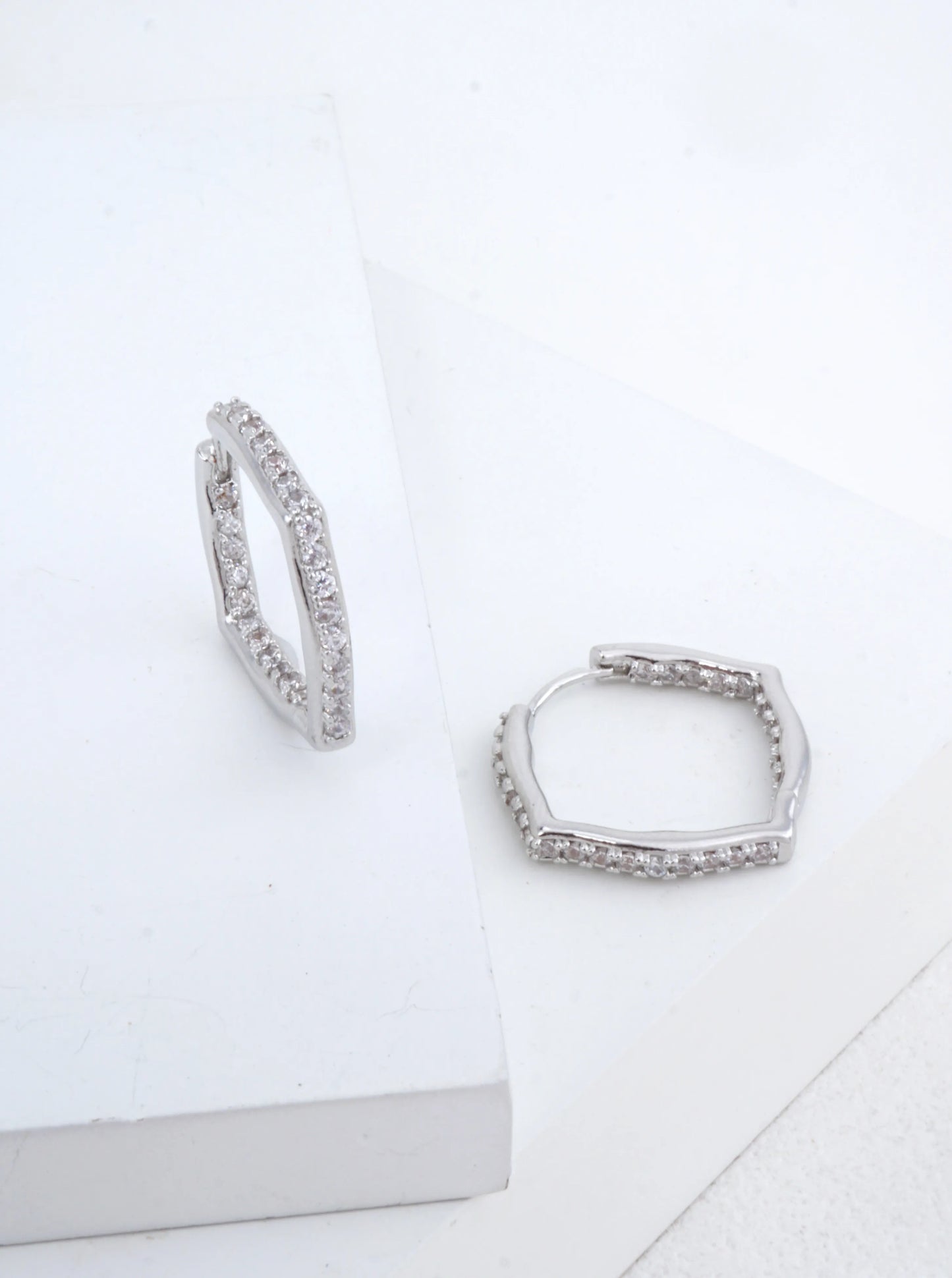 White Gold Dipped CZ Geometric Hoop Earrings