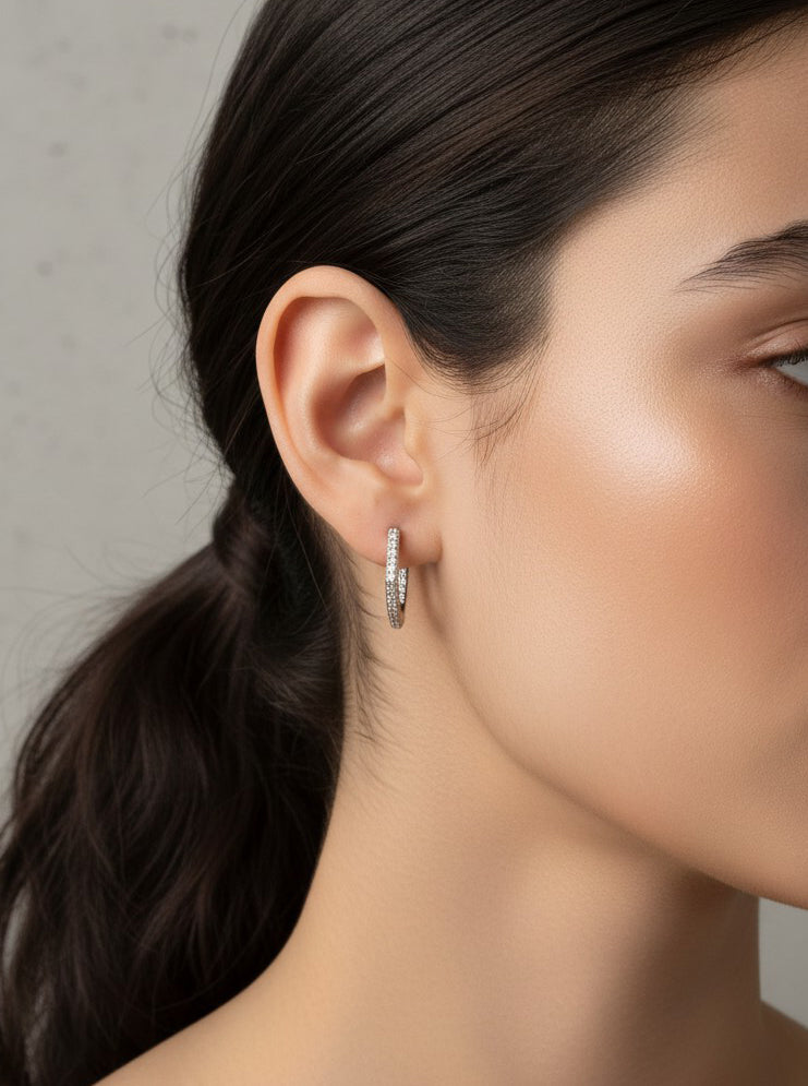 White Gold Dipped CZ Geometric Hoop Earrings