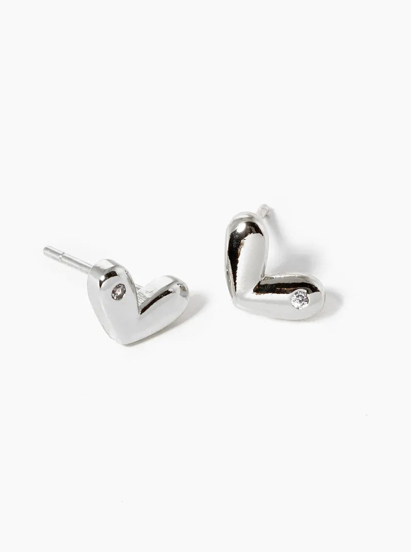 White Gold Dipped CZ Heart Post Stud Earrings