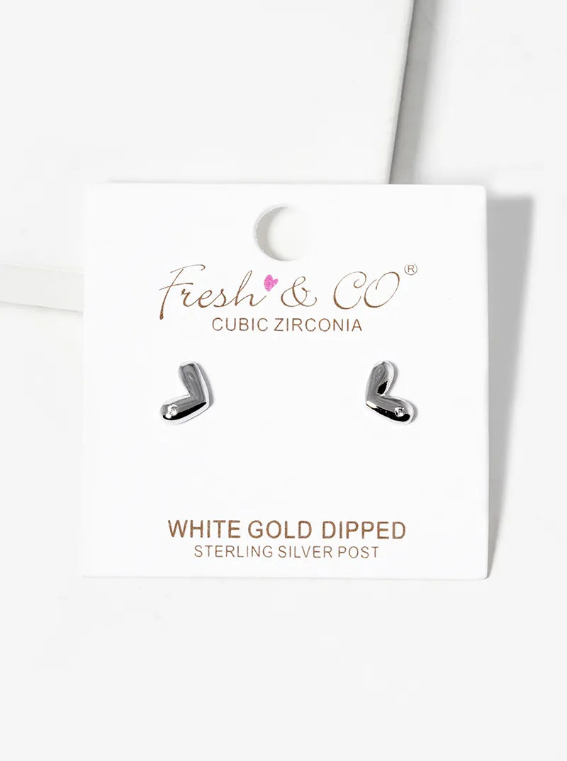 White Gold Dipped CZ Heart Post Stud Earrings
