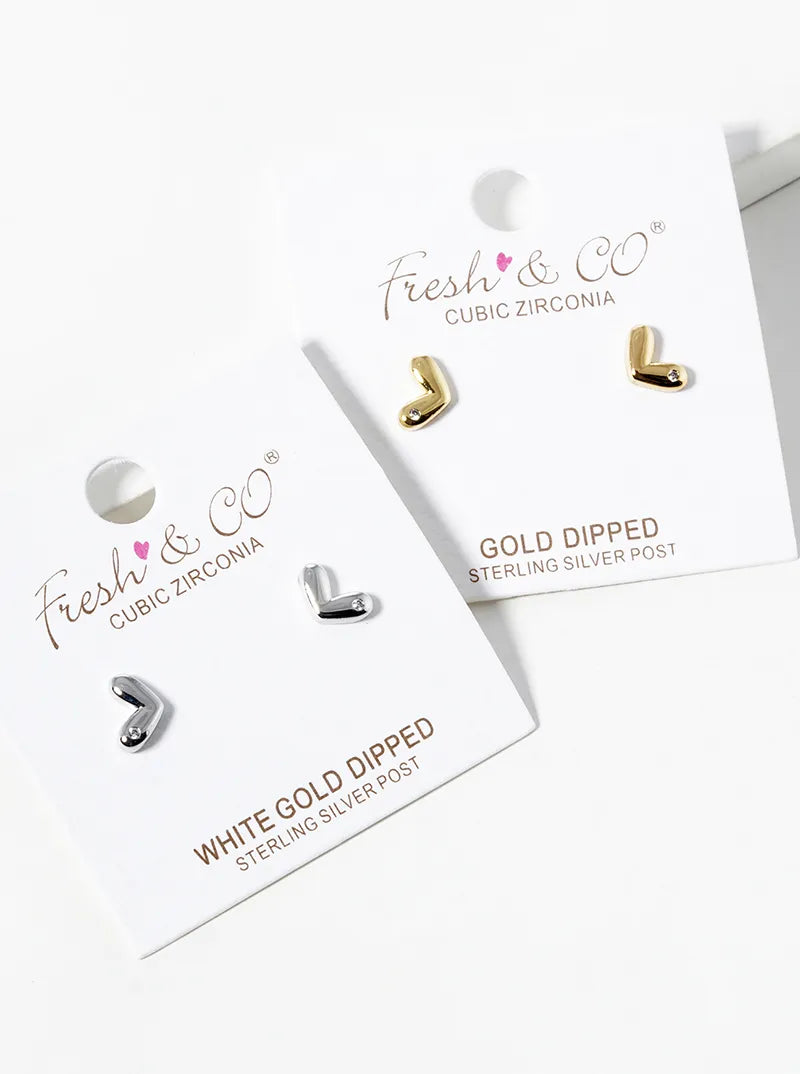 White Gold Dipped CZ Heart Post Stud Earrings