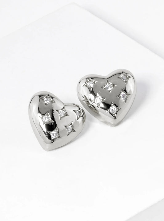 White Gold Dipped CZ Heart Stud Earrings